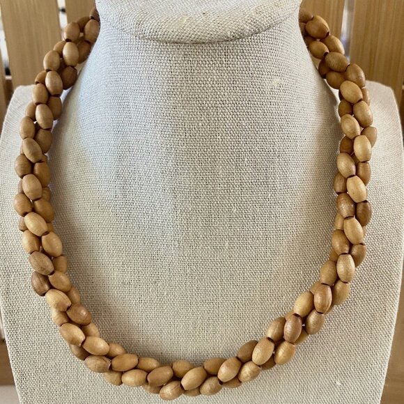 3 Strand Twisted Rope Wood Choker Necklace With Gold-tone Fishhook Clasp⎜ EUC - Picture 1 of 4